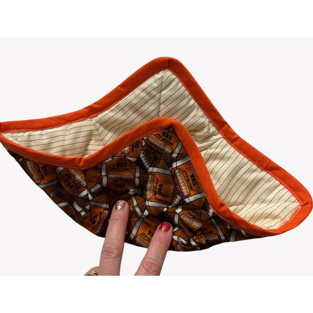 Handmade‎ FOOTBALL USA ORANGE Microwave Safe Bowl Cozy Reversible Quilted Cozie